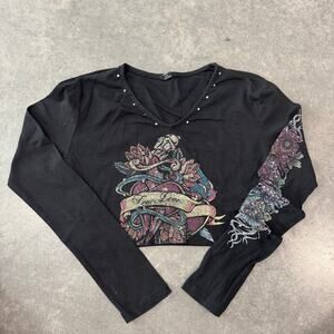 Vintage Y2K Urban Outfitter Black Grunge Ed Hardy Longsleeve Top Rhinestone M